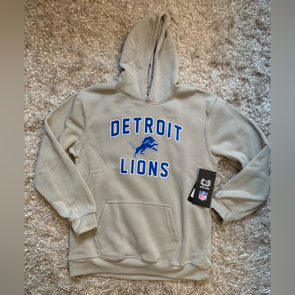 NFL Detroit Lions Tan Hoodie with Blue Logo - Youth size 18-20 NWT